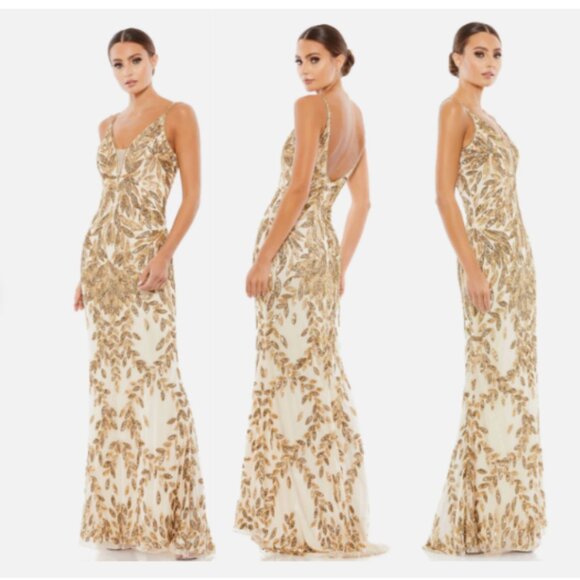 MAC DUGGAL 5107 EMBELLISHED LEAF GOLD/NUDE EVENING GOWN sz 4 - Picture 1 of 4